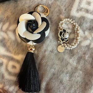 Bbw contrast camilla flower bag charm/keychain & hair elastic/bracelet pearl